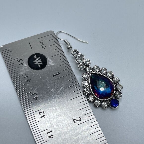 Stunning Silver Tone AB Purple Glass Rhinestone Teardrop Earrings Statement Boho - Picture 7 of 7